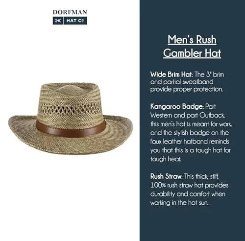 Dorfman Pacific Rush Gambler Hat for Men, Straw Sun Hat, Wide Brim UV Protection | Durable & Ventilated thumbnail 4