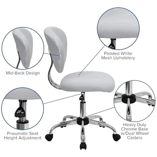 Flash Furniture Mesh Swivel Office Chair with Chrome Base, White | Modern, Armless, 23.5"W x 25.5"D x 33.5-37.5"H thumbnail 6