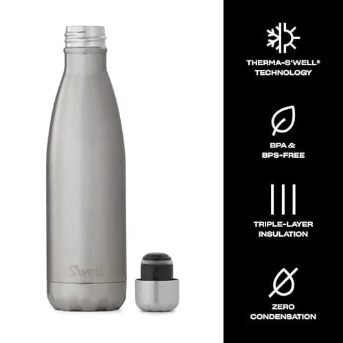 S'well Stainless Steel Water Bottle 500ml (17 Fl Oz) Silver Lining | Triple-Layered Vacuum-Insulated Container thumbnail 3