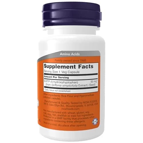 NOW 5-HTP (5-hydroxytryptophan) 50 mg 30 Veg Caps | Supports Positive Mood & Neurotransmitter Function thumbnail 2