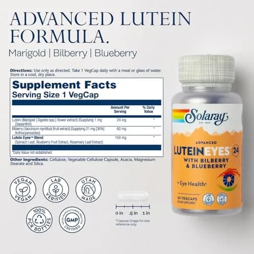 SOLARAY Advanced Lutein 24 mg with Zeaxanthin, Blueberry & Bilberry Extract | Vegan Eye Support Supplement, 60 VegCaps thumbnail 2