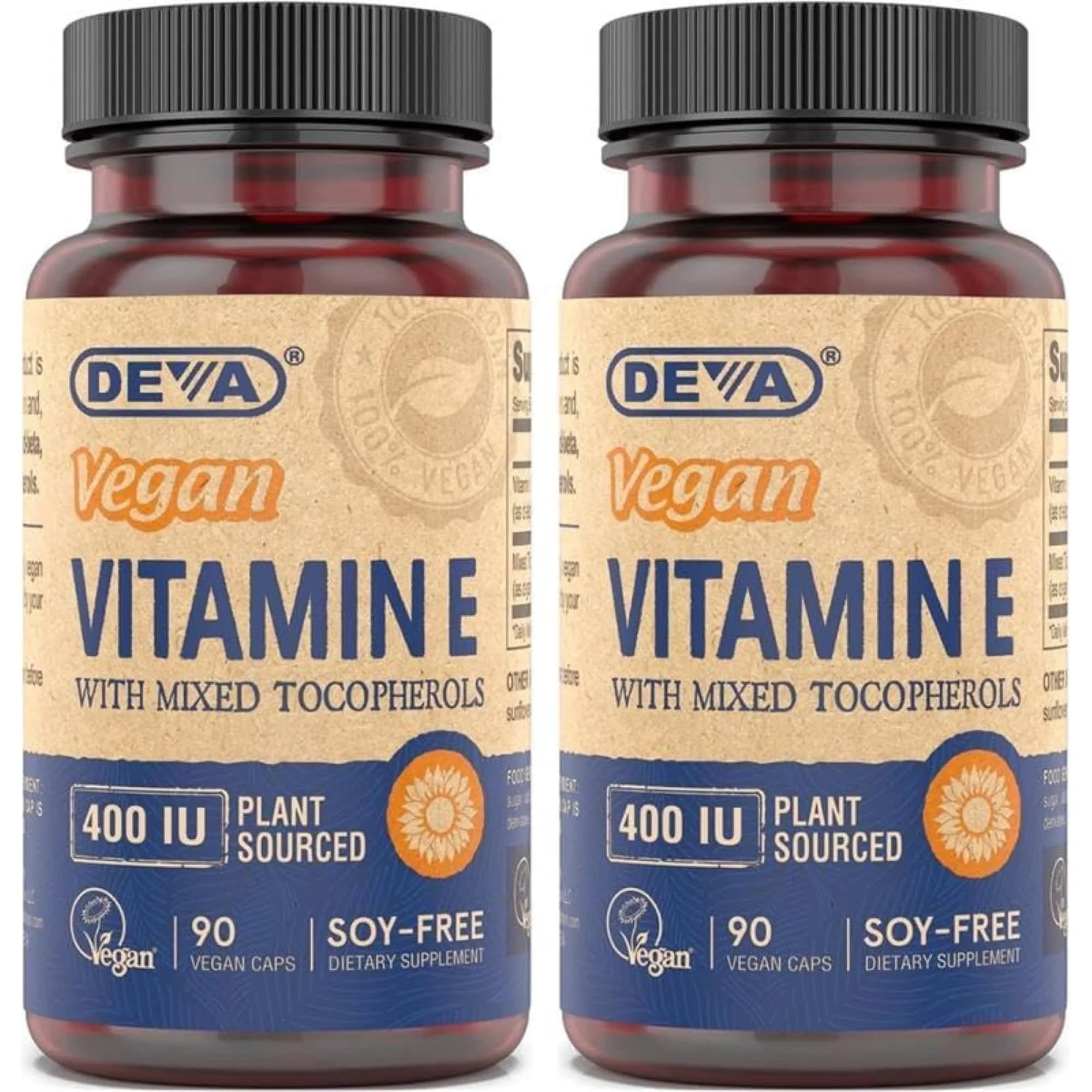 DEVA Vegan Natural Source Vitamin E 400IU with Mixed tocopherols | Soy-Free, Non-GMO, Vegan, 90 Veg Caps (Pack of 2) — Capsule
