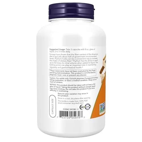 NOW Foods Psyllium Husk Caps 500 mg 200 Veg Capsules | Natural Soluble Fiber for Intestinal Health thumbnail 3