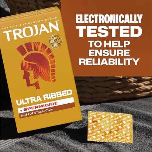Trojan Ultra Ribbed Plus Spermicide Latex Lubricated Condoms | Deep Ribs for Enhanced Stimulation thumbnail 7
