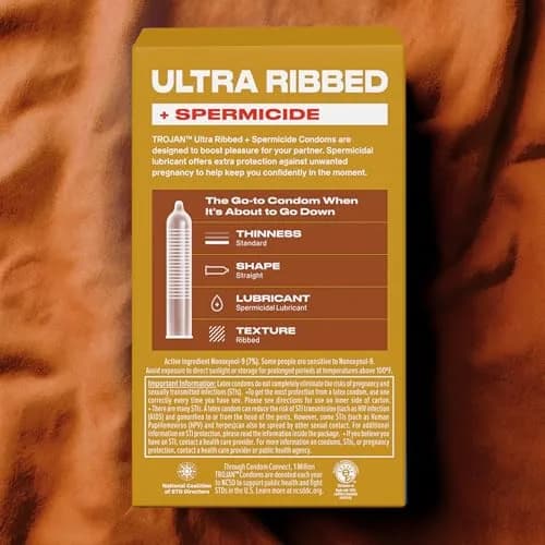 Trojan Ultra Ribbed Plus Spermicide Latex Lubricated Condoms | Deep Ribs for Enhanced Stimulation thumbnail 9