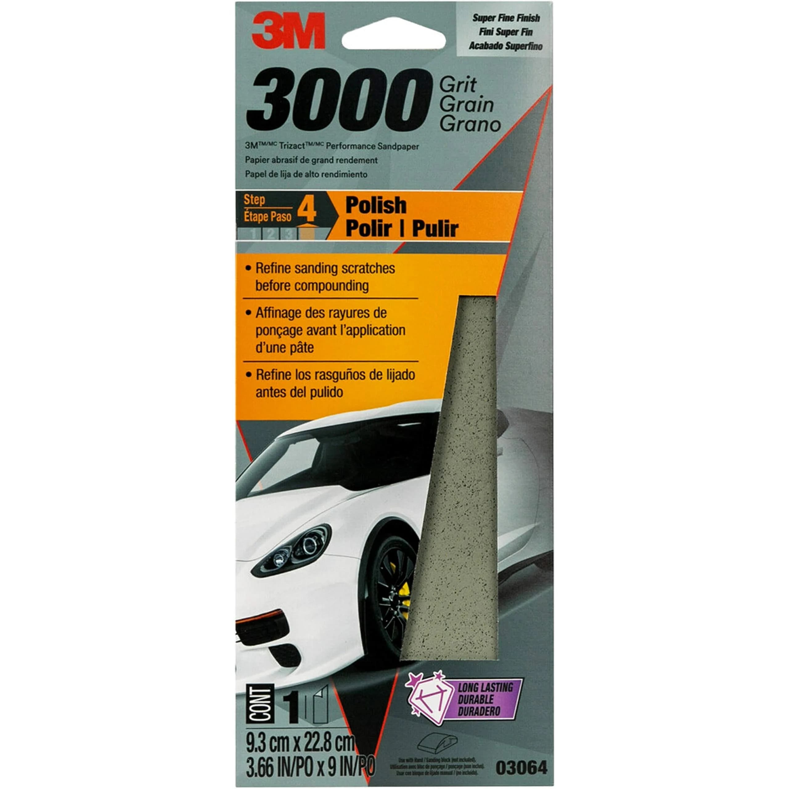 3M Performance 3000 Grit Sandpaper Sheet 9.5cm x 22.9cm (3-2/3 in x 9 in) | Polishes Clear Coat & Paint