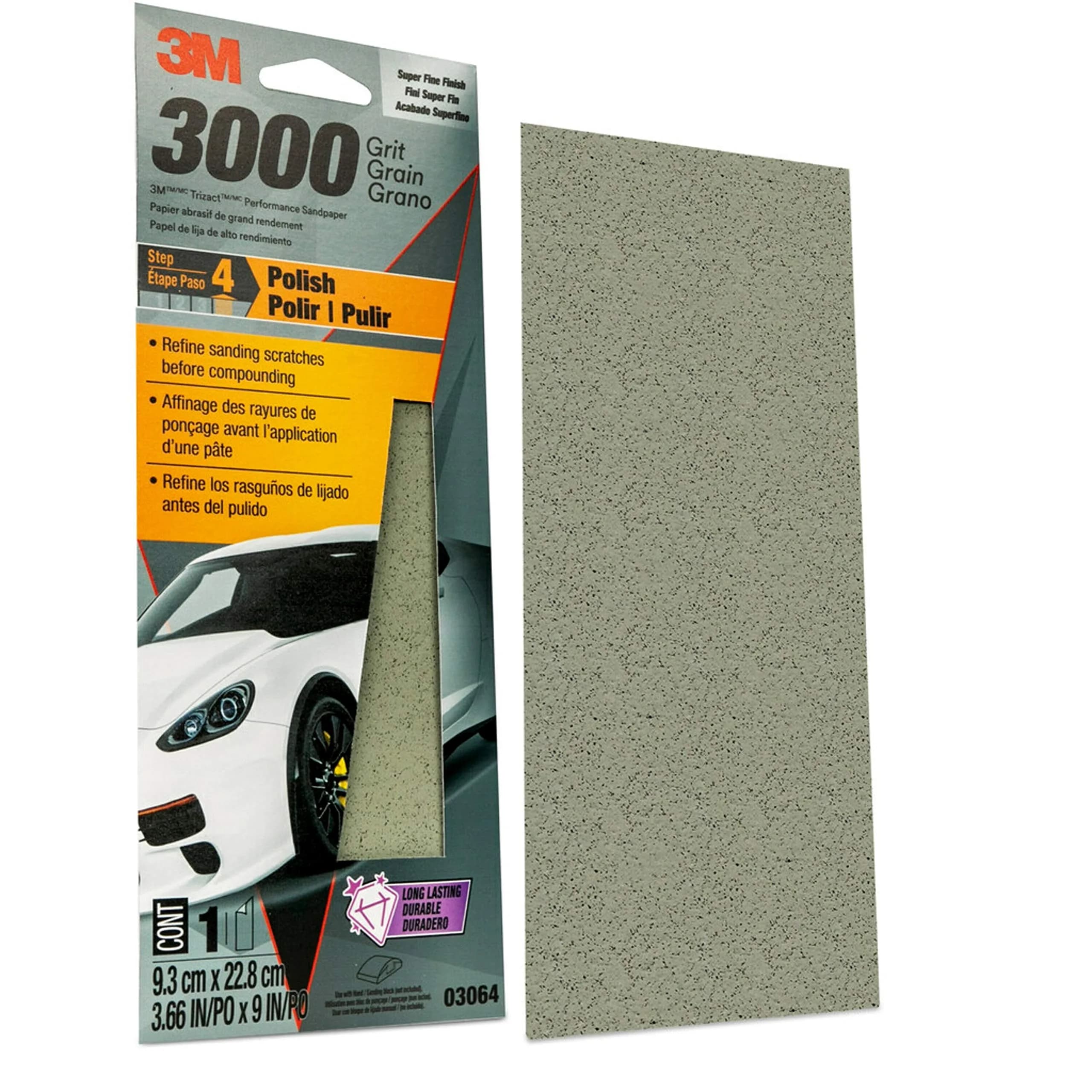 3M Performance 3000 Grit Sandpaper Sheet 9.5cm x 22.9cm (3-2/3 in x 9 in) | Polishes Clear Coat & Paint - view 3