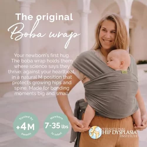 Boba Baby Wrap Carrier - Stretch Cotton Newborn Sling, Grey | Ergonomic, Hip-Healthy & Supportive (70-120 chars) thumbnail 2