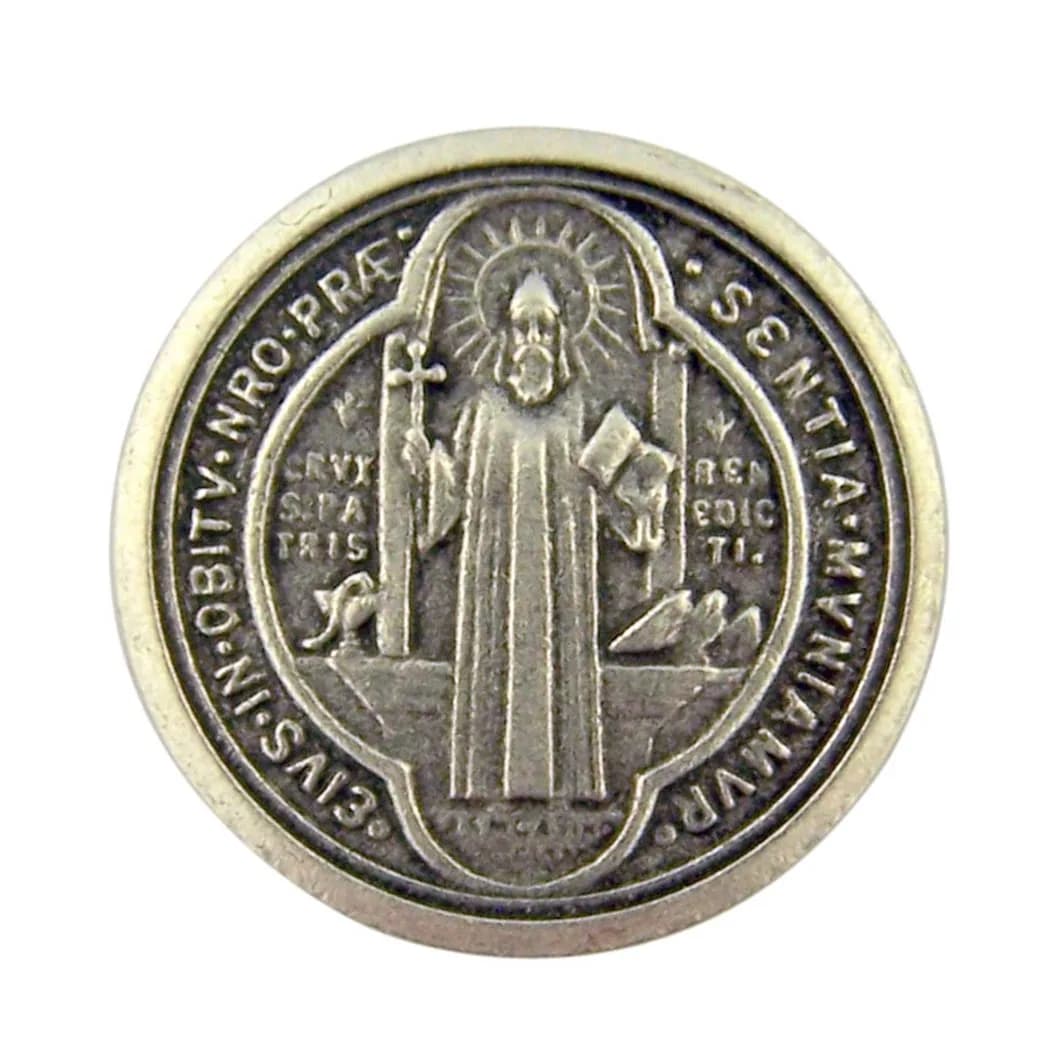 WJH Silver Tone Saint Benedict of Nursia Pocket Prayer Token Medal, 1 1/8 Inch | Religious Reminder