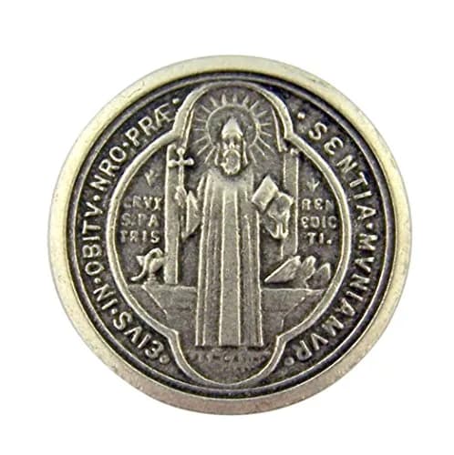 WJH Silver Tone Saint Benedict of Nursia Pocket Prayer Token Medal, 1 1/8 Inch | Religious Reminder thumbnail 1