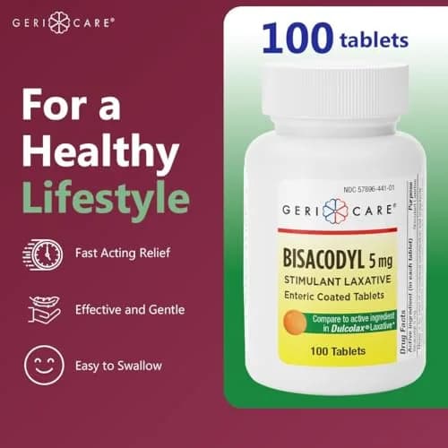 GeriCare Bisacodyl 5 mg Coated Tablet | Gentle Overnight Constipation Relief | 200 Count thumbnail 2