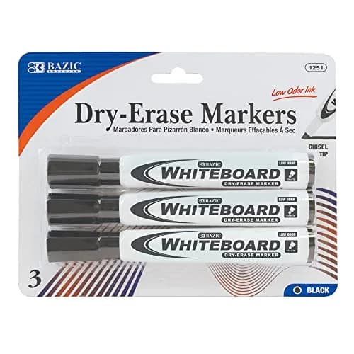 BAZIC PRODUCTS Black Chisel Tip Dry Erase Markers, Low-Odor, 3 Count | Writes Bold or Broad Lines on Whiteboards thumbnail 1