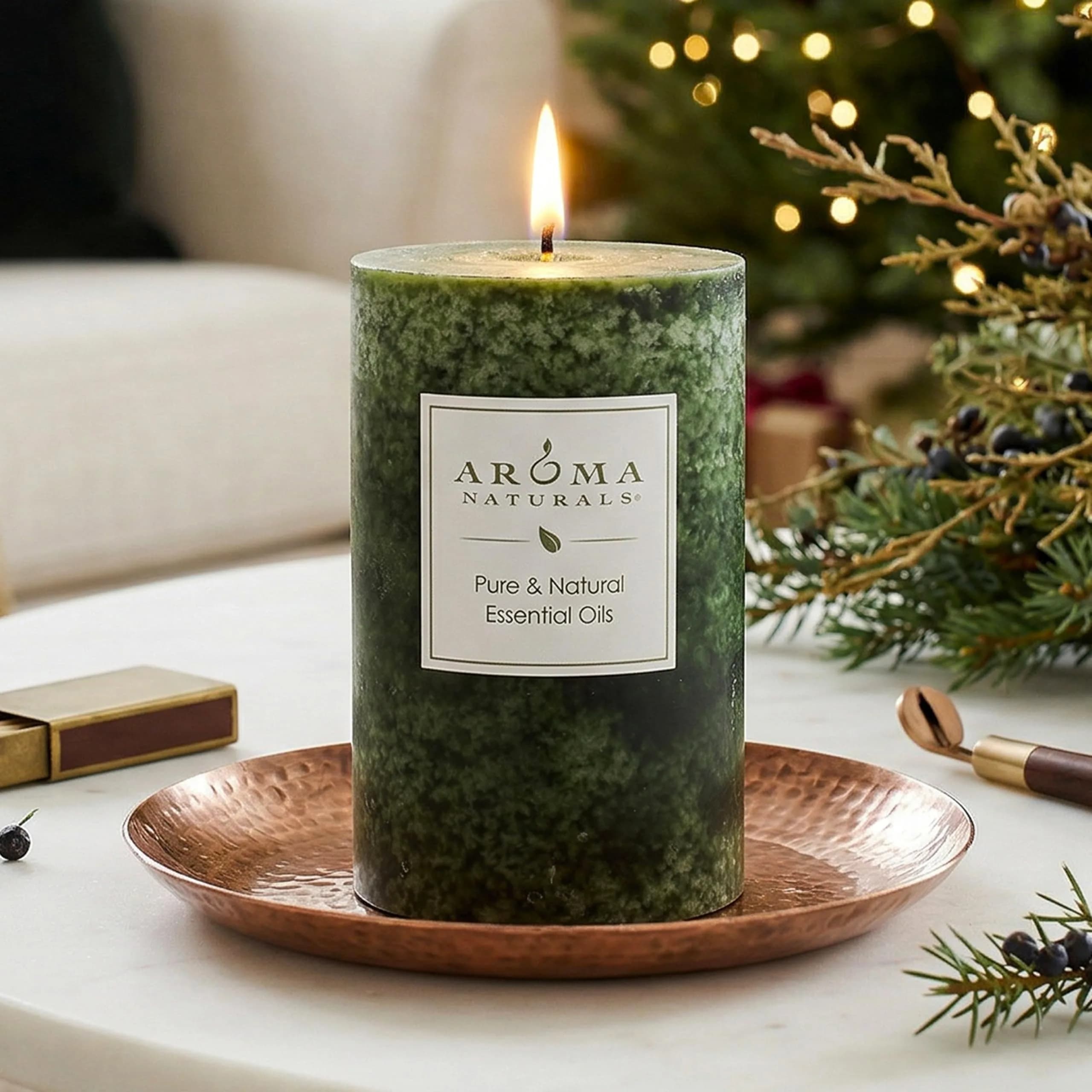 Aroma Naturals Holiday Juniper, Spruce & Basil Pillar Candle 6.35cm x 10.16cm | Fresh Forest Scented Candle - view 4