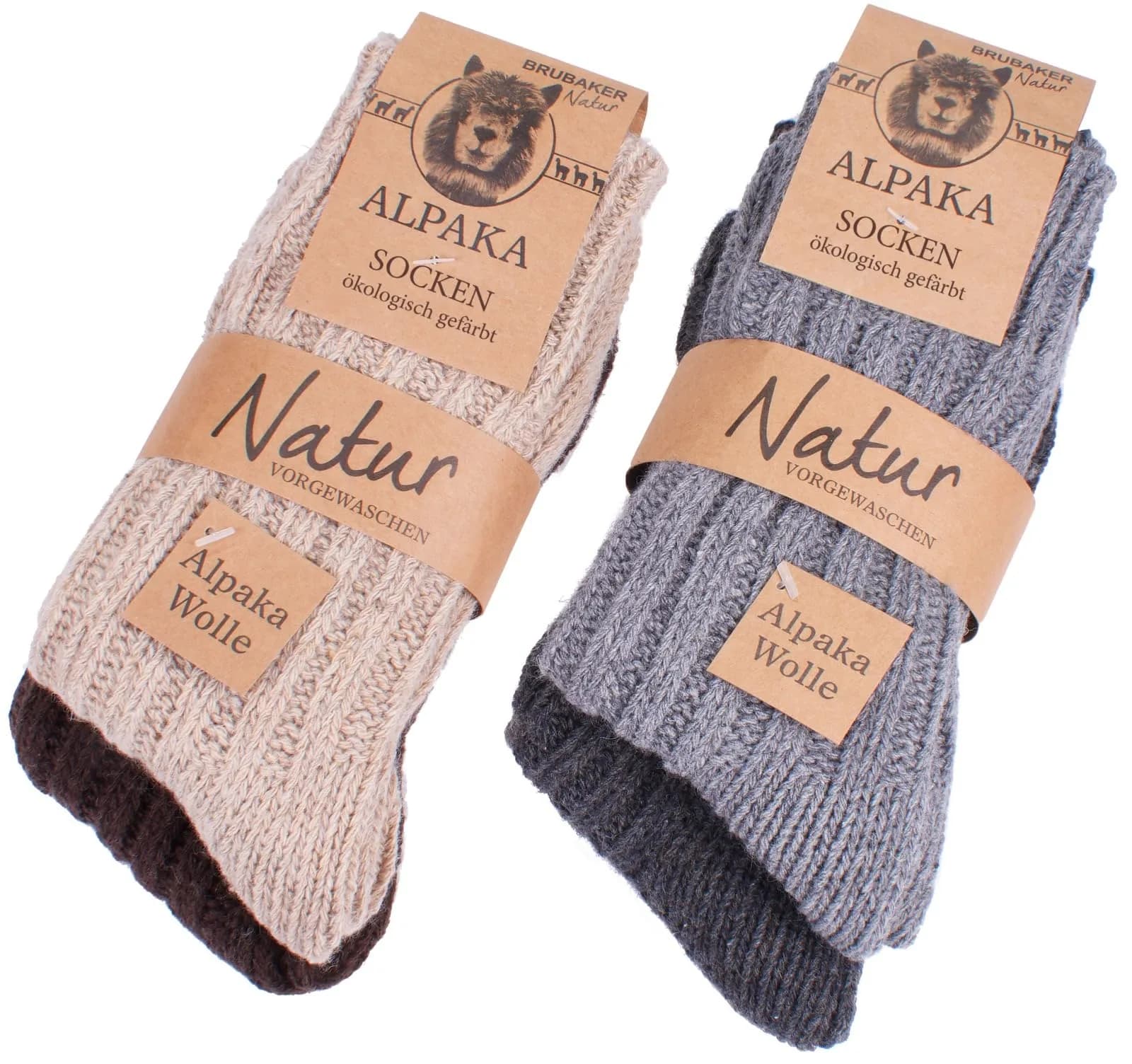 BRUBAKER Warm Alpaca Socks for Men or Women | 4 Pairs | Thick, Breathable & Eco Dyed — Gray and Brown / 9-11.5