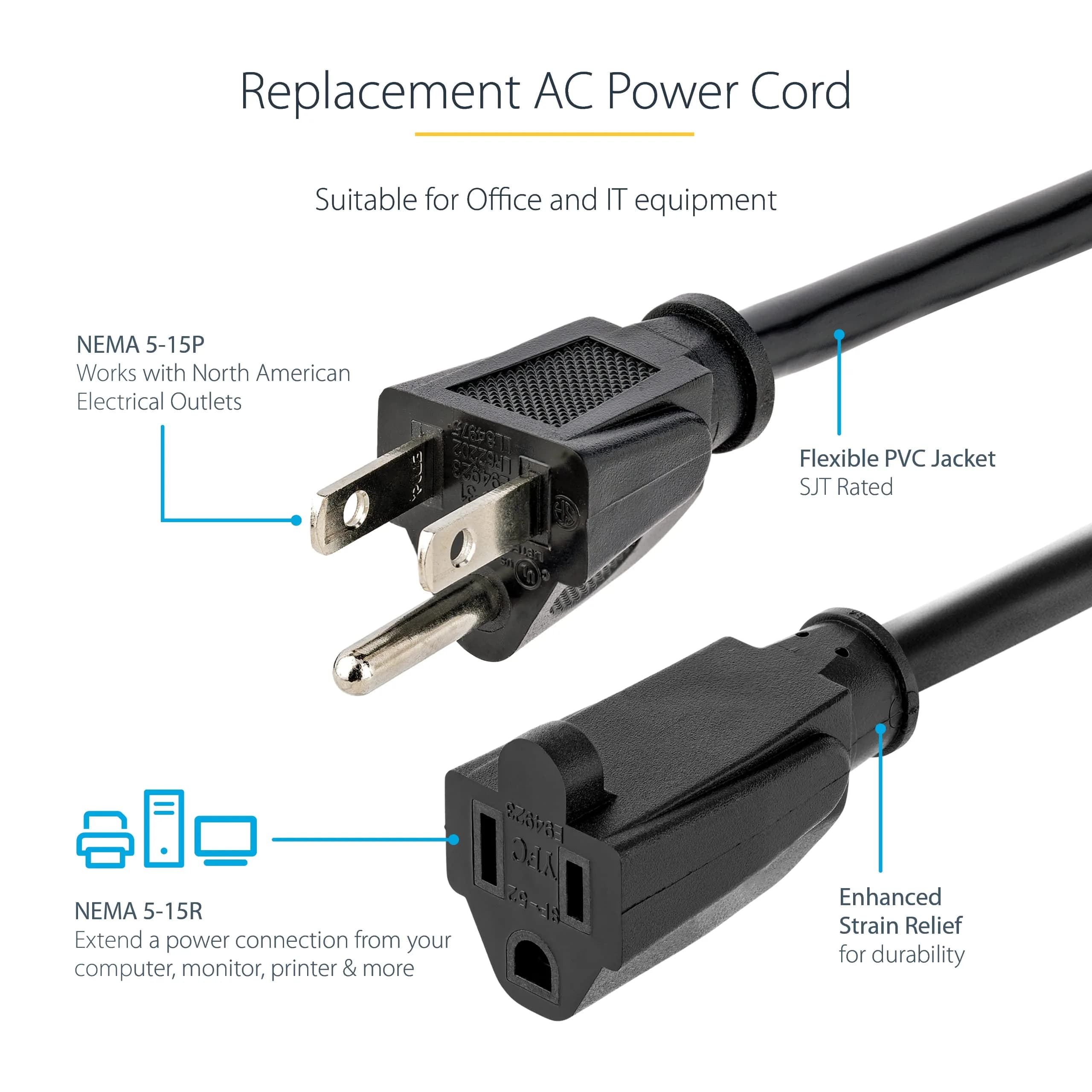 StarTech.com Heavy Duty Extension Cord 1.8m (6ft) 15A 125V 14AWG Black | UL Listed Power Cable for Servers & PCs - view 2
