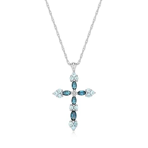 MORGAN & PAIGE Silver Rhodium Plated Cross Swiss London Blue Topaz Necklace | December Birthstone Faith Jewelry thumbnail 1
