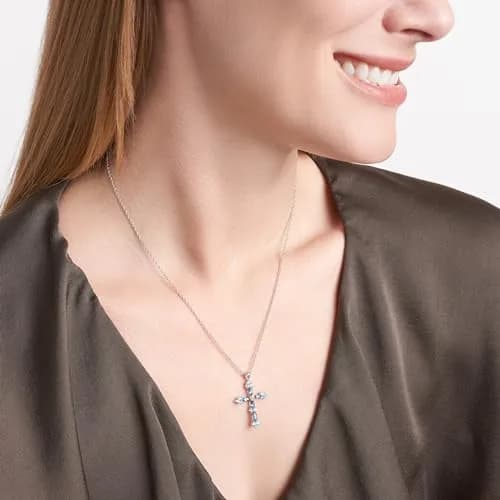 MORGAN & PAIGE Silver Rhodium Plated Cross Swiss London Blue Topaz Necklace | December Birthstone Faith Jewelry thumbnail 2