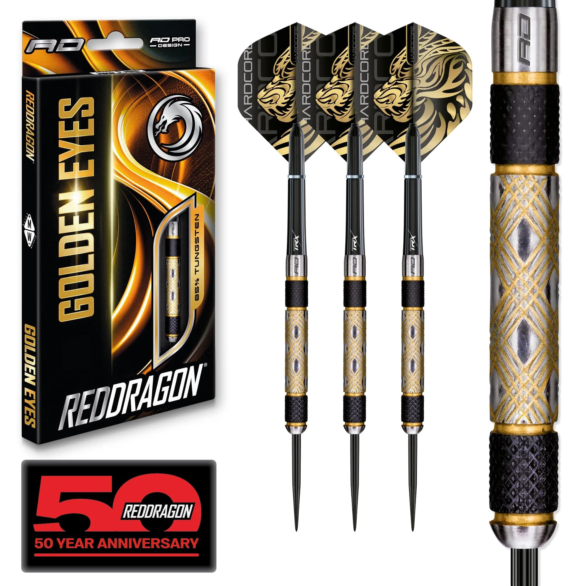 RED DRAGON Golden Eyes 26g Steel Tip Darts Set | 85% Tungsten, Laser-Etched Aluminium Shafts - main product image