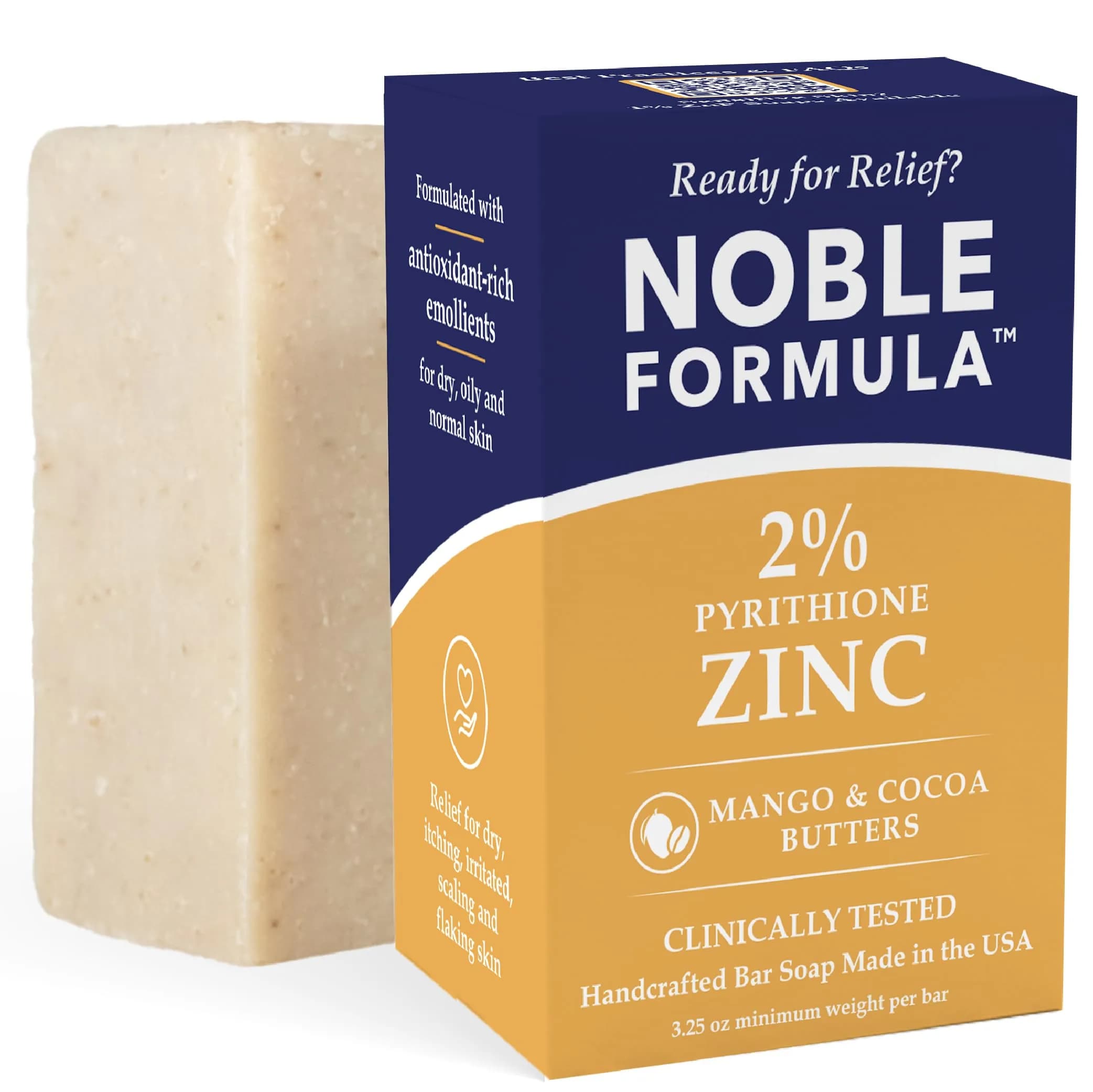 Noble Formula 2% Pyrithione Zinc Bar Soap for Flaky, Itchy Skin | Gentle, All Skin Types, 3.25 oz