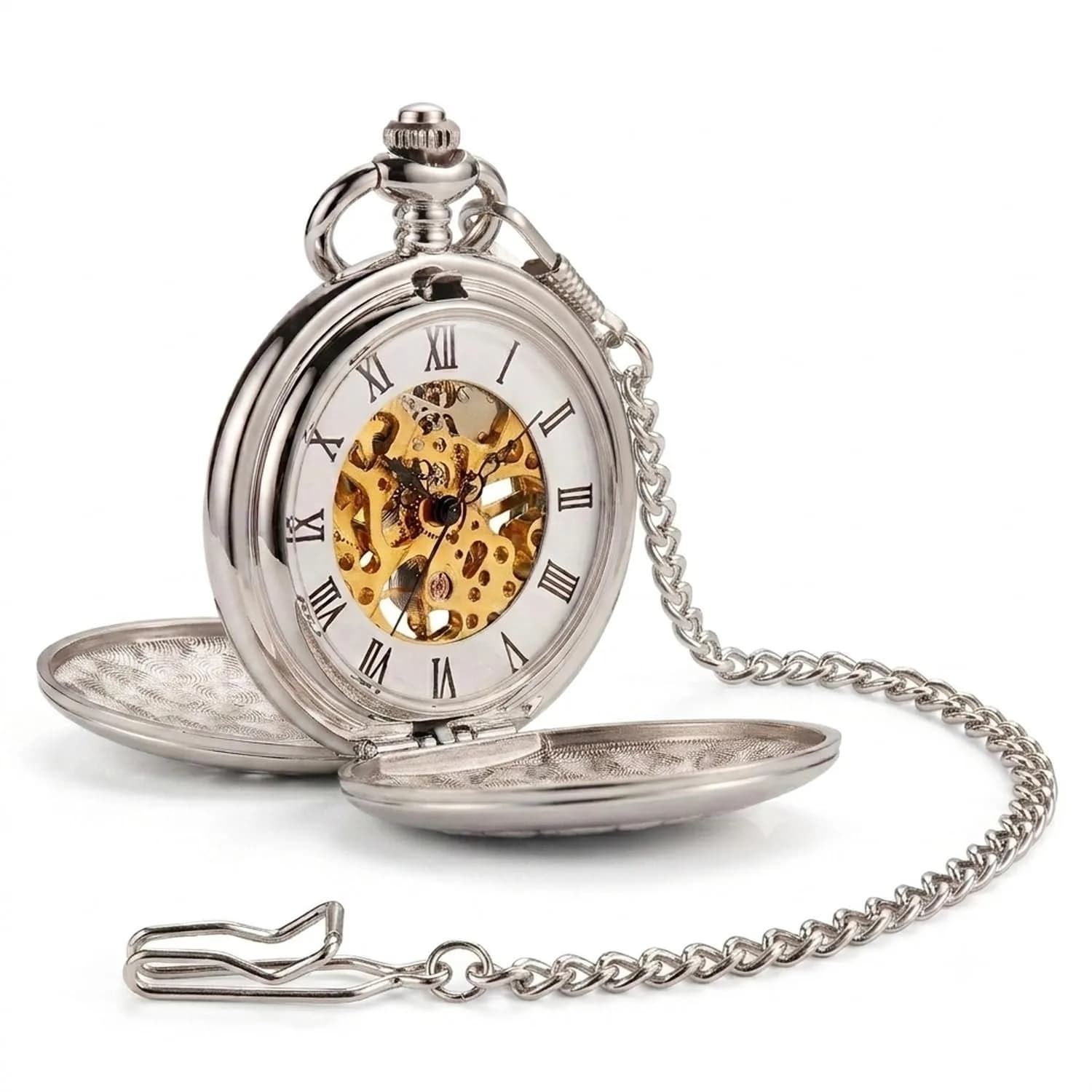 ShoppeWatch Men’s Silver Pocket Watch with Chain | Hand Winding Vintage Pocket Watch | Classic Mechanical Movement Pocketwatch | 1920s Railroad Steampunk Costume Accessory PW20 — Silver