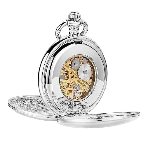 ShoppeWatch Men’s Silver Pocket Watch with Chain | Hand Winding Vintage Pocket Watch | Classic Mechanical Movement Pocketwatch | 1920s Railroad Steampunk Costume Accessory PW20 thumbnail 3
