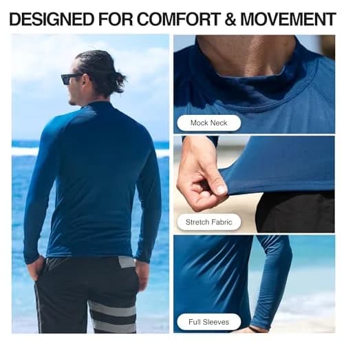 Kanu Surf Men's Long Sleeve Platinum UPF 50+ Rashguard Swim Tee, Navy, Small | UV Protection & Quick-Dry Performance thumbnail 3