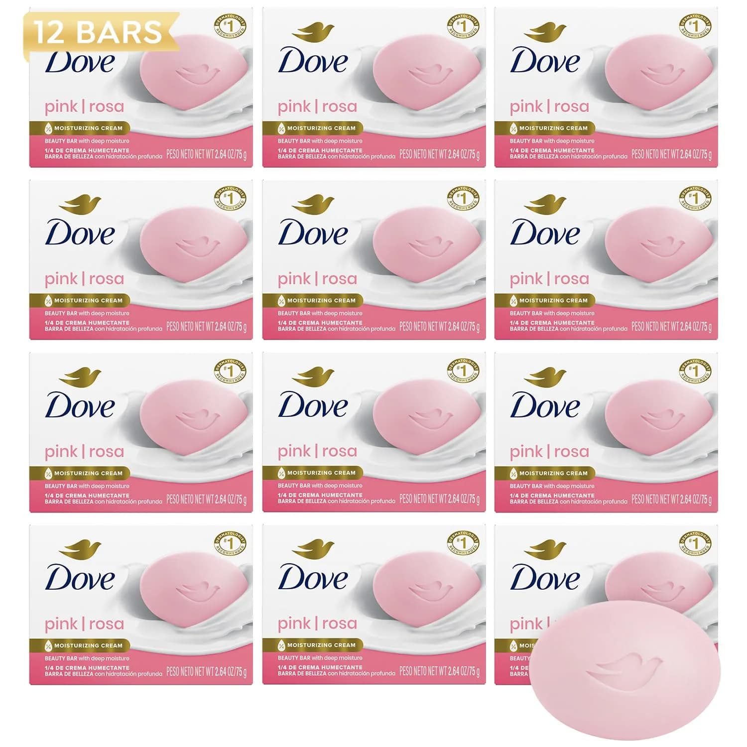 Dove Pink Beauty Bar 12-Pack | 2.64 Oz (75g) Each | Gentle Cleansing for Soft, Smooth Skin - main product image