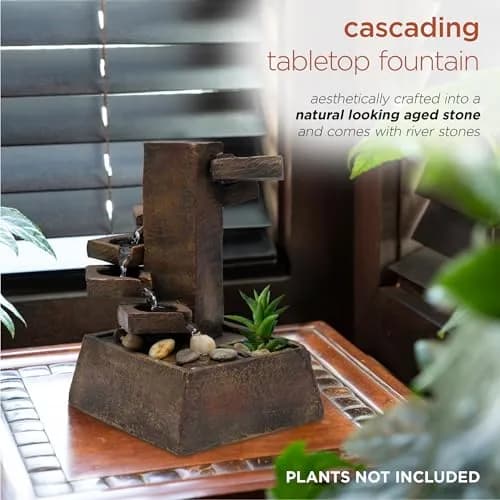 Alpine Corporation TT8000 Indoor/Outdoor Tiered Stone Fountain 11" | Tranquil Waterfall with Mini Plant Holder thumbnail 3