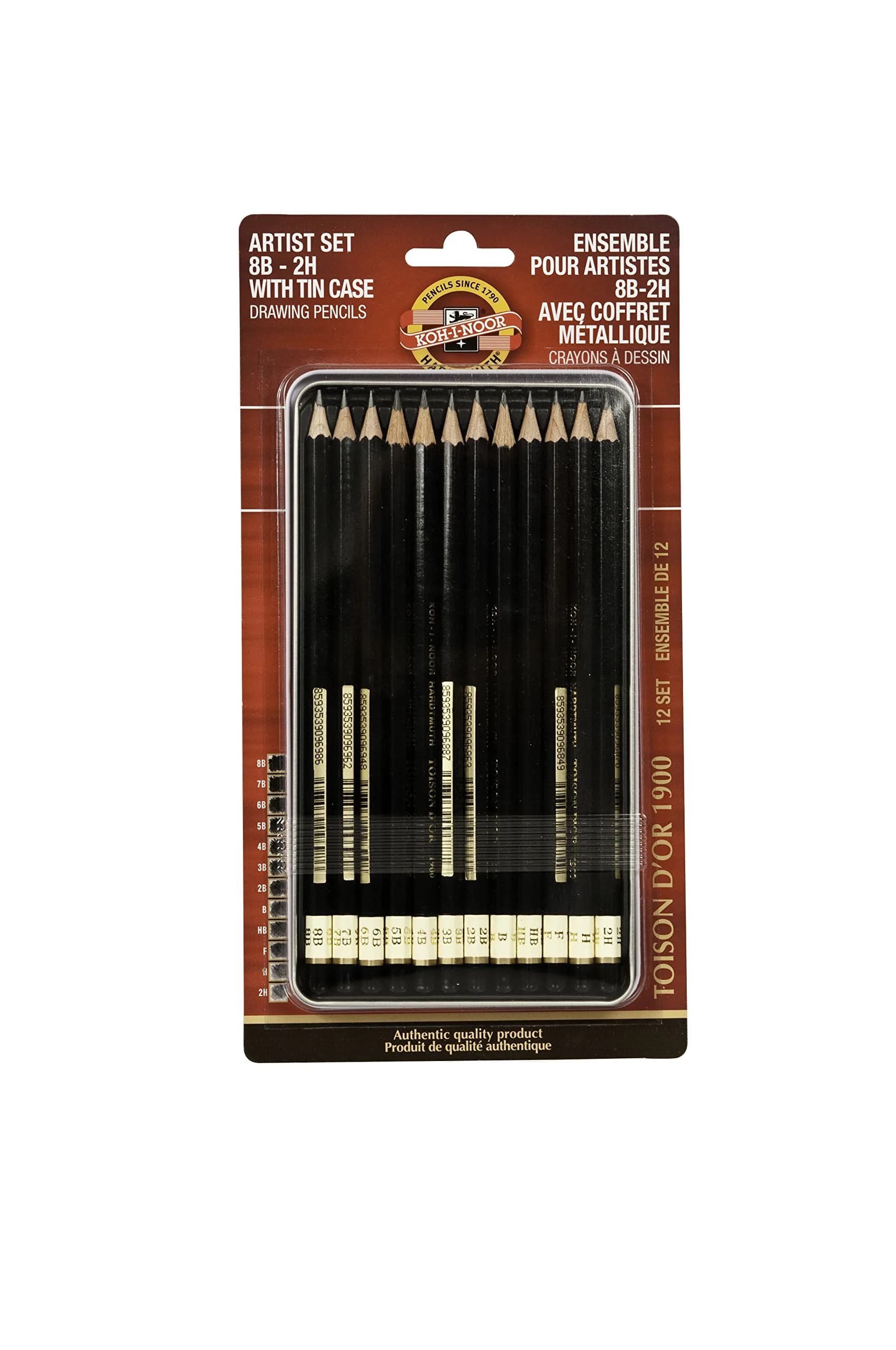 Koh-I-Noor Artist Drawing Pencil Set 12 Pencils | Graphite, 8B-2H, in Tin & Blister, Made in Czech Republic — Black