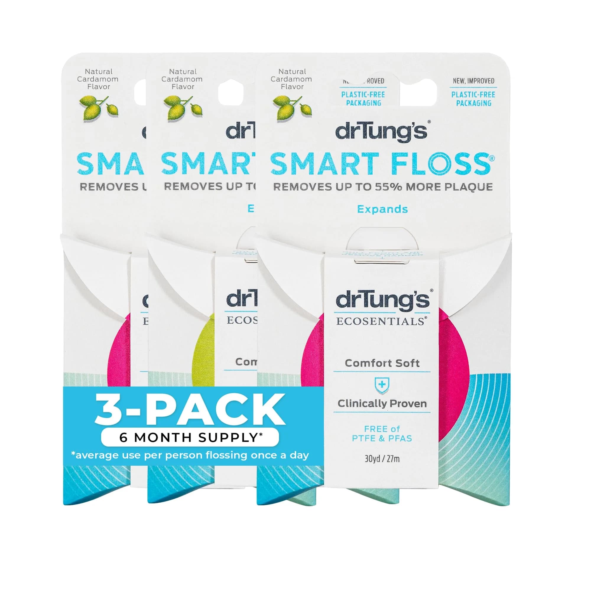 drTung's Smart Floss - Expanding Natural Waxed Dental Floss Pack of 3 | Clinically Proven 55% Cleaner — Cardamom