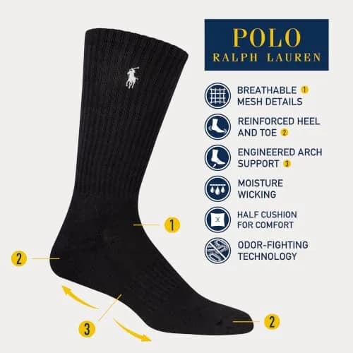 POLO RALPH LAUREN Men's Athletic Performance Cotton Crew Socks, 6 Pairs | Cushioned Support & Moisture-Wicking thumbnail 3