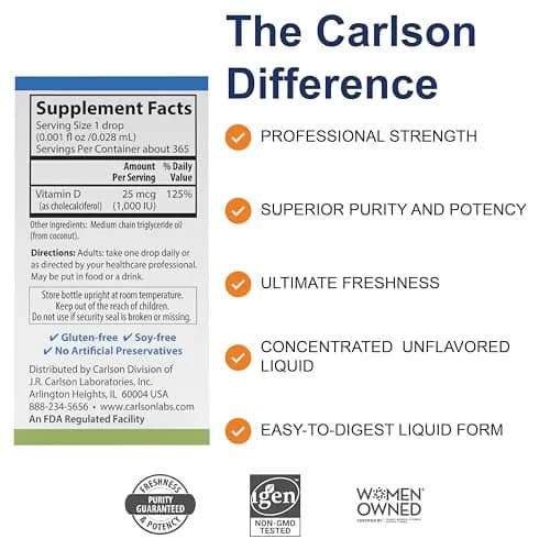 Carlson Super Daily D3 25 mcg | 365 Drops for Bone & Immune Support thumbnail 2