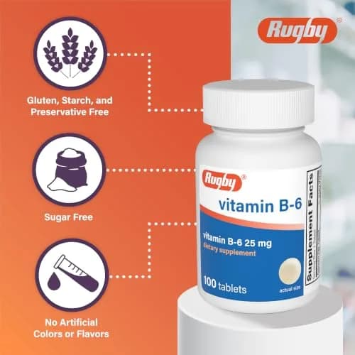 Rugby Vitamin B-6 Tablets - 25mg of Vitamin B6 | Dietary Supplement for Adults thumbnail 4