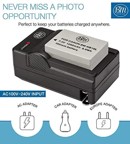 BM Premium NB-10L Battery & Charger Kit for Canon SX60 HS, SX50 HS, G1X, G3X, G15, G16 Cameras | 2 Batteries & USB Charger thumbnail 3