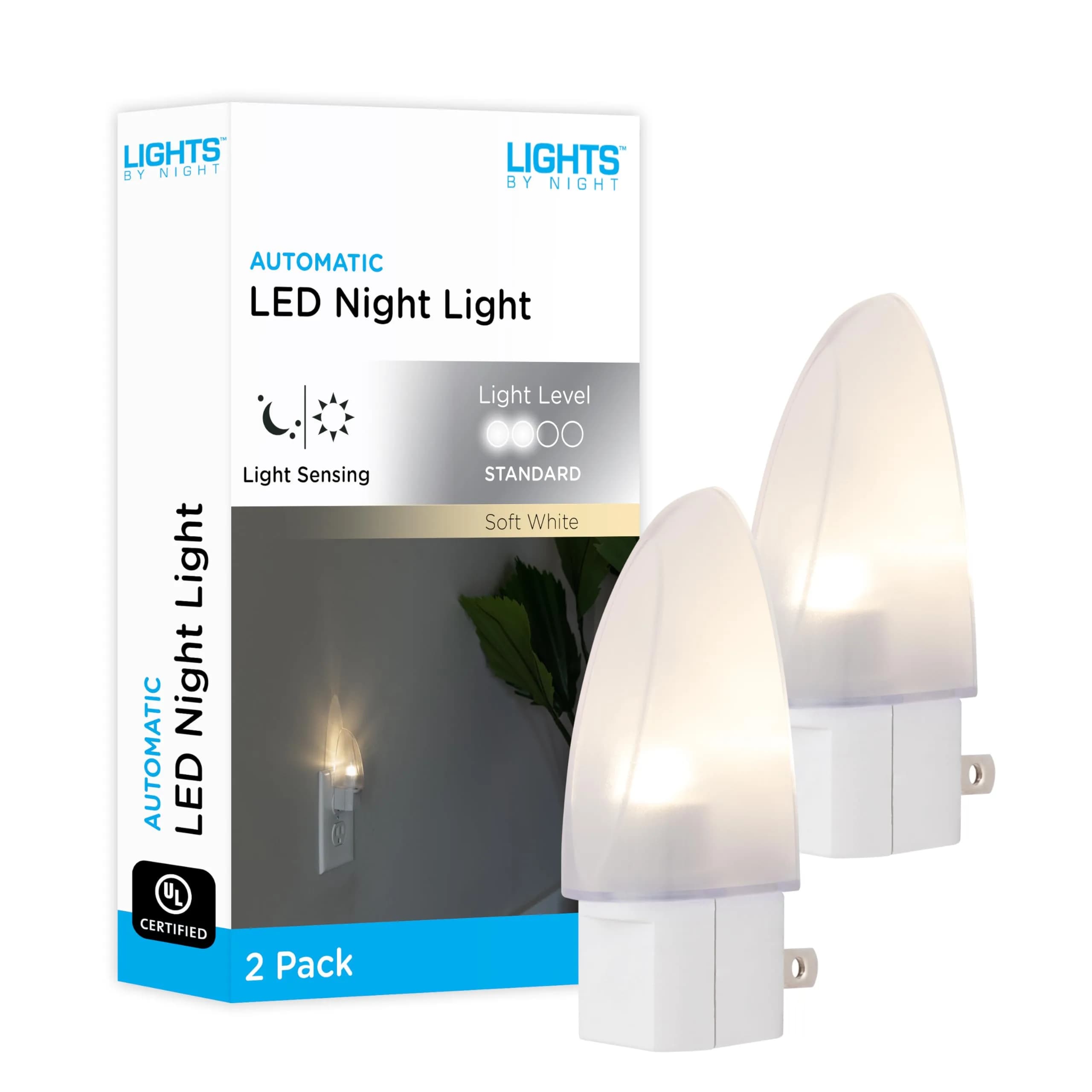 Lights By Night Plug-in LED Night Light 2-Pack | Automatic Dusk-to-Dawn Sensor — White Shade