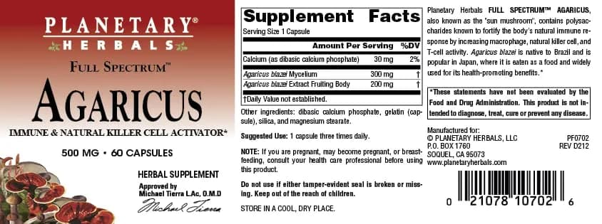 Planetary Herbals Agaricus Full Spectrum Immune & Natural Killer Cell Activator, 500mg | Supports Immunity & Well-Being thumbnail 5