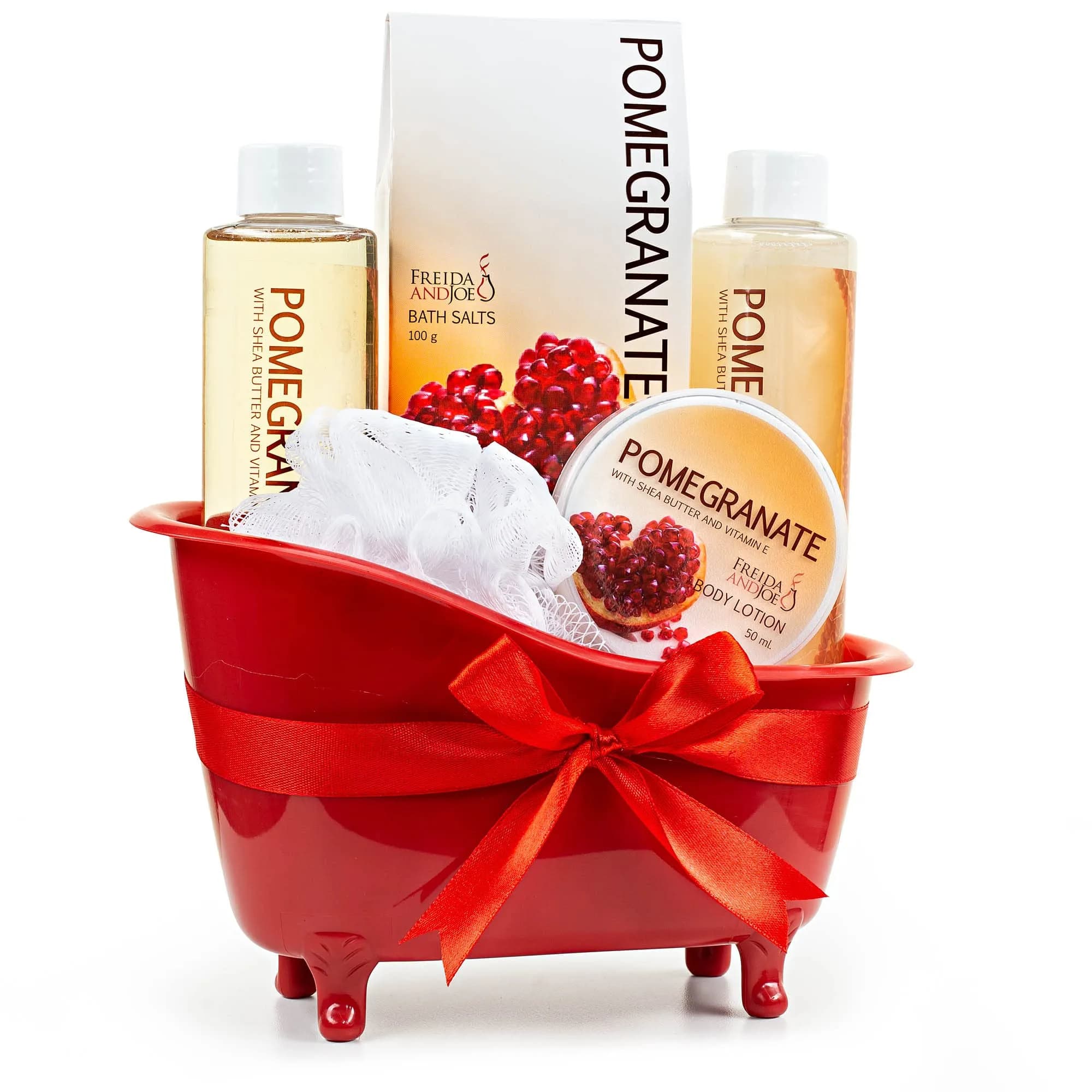 Freida and Joe Red Pomegranate Home Spa Bath Basket | Bath & Body Set for Women with Shea & Vitamin E (5 Piece Set) — Red Pomegranate