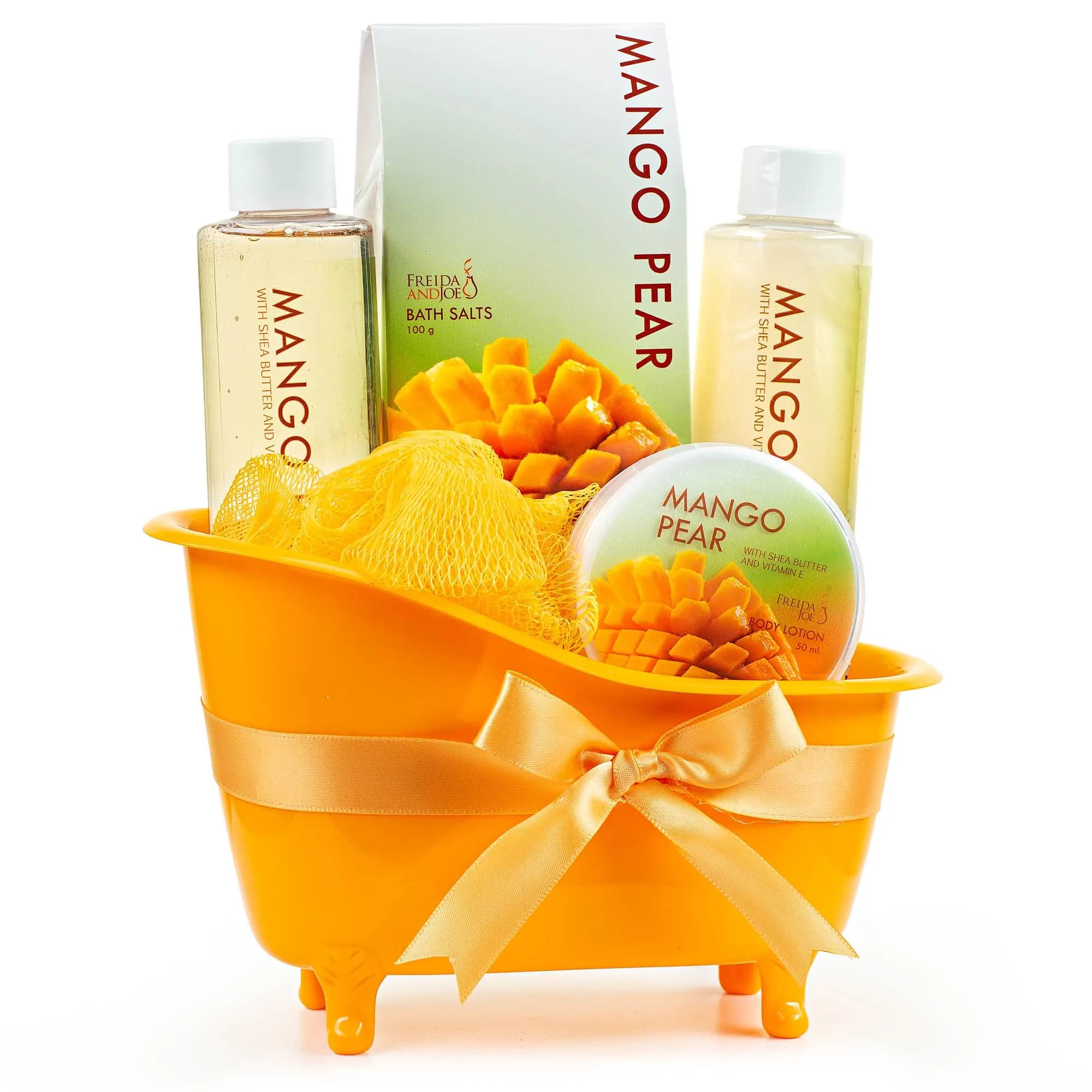Freida and Joe Tropical Mango Pear Fragrance Set in Orange Tub | Luxurious Bath & Body Collection — Mango Pear