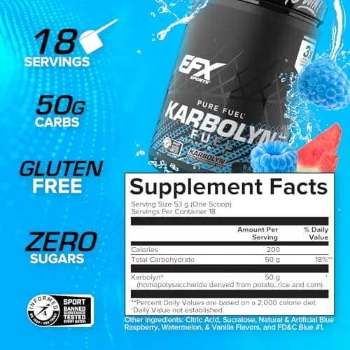 EFX Sports Karbolyn Fuel | Fast-Absorbing Carbohydrate Powder | Carb Load, Sustained Energy, Quick Recovery | Stimulant Free | 18 Servings (Blue Razz Watermelon) thumbnail 3