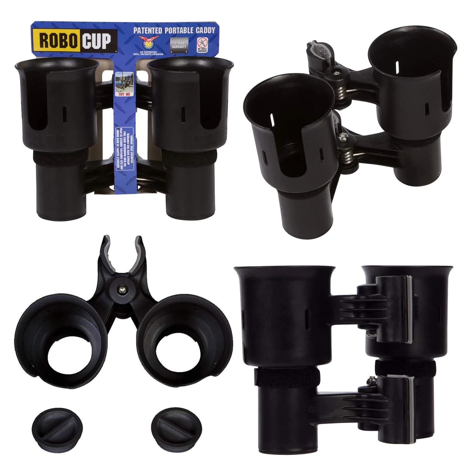 ROBOCUP Patented Clamp On Boat Cup Holder | Multifunction Dual Drink Caddy for Fishing, Boating & More