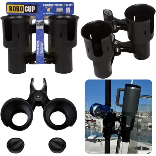 ROBOCUP Patented Clamp On Boat Cup Holder | Multifunction Dual Drink Caddy for Fishing, Boating & More thumbnail 2