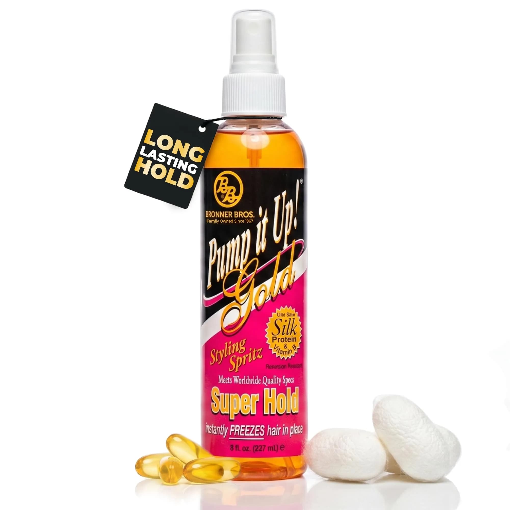 Bronner Bros Pump It Up Gold Styling Spritz 8oz | Super Hold Hair Spray for Defined Styles