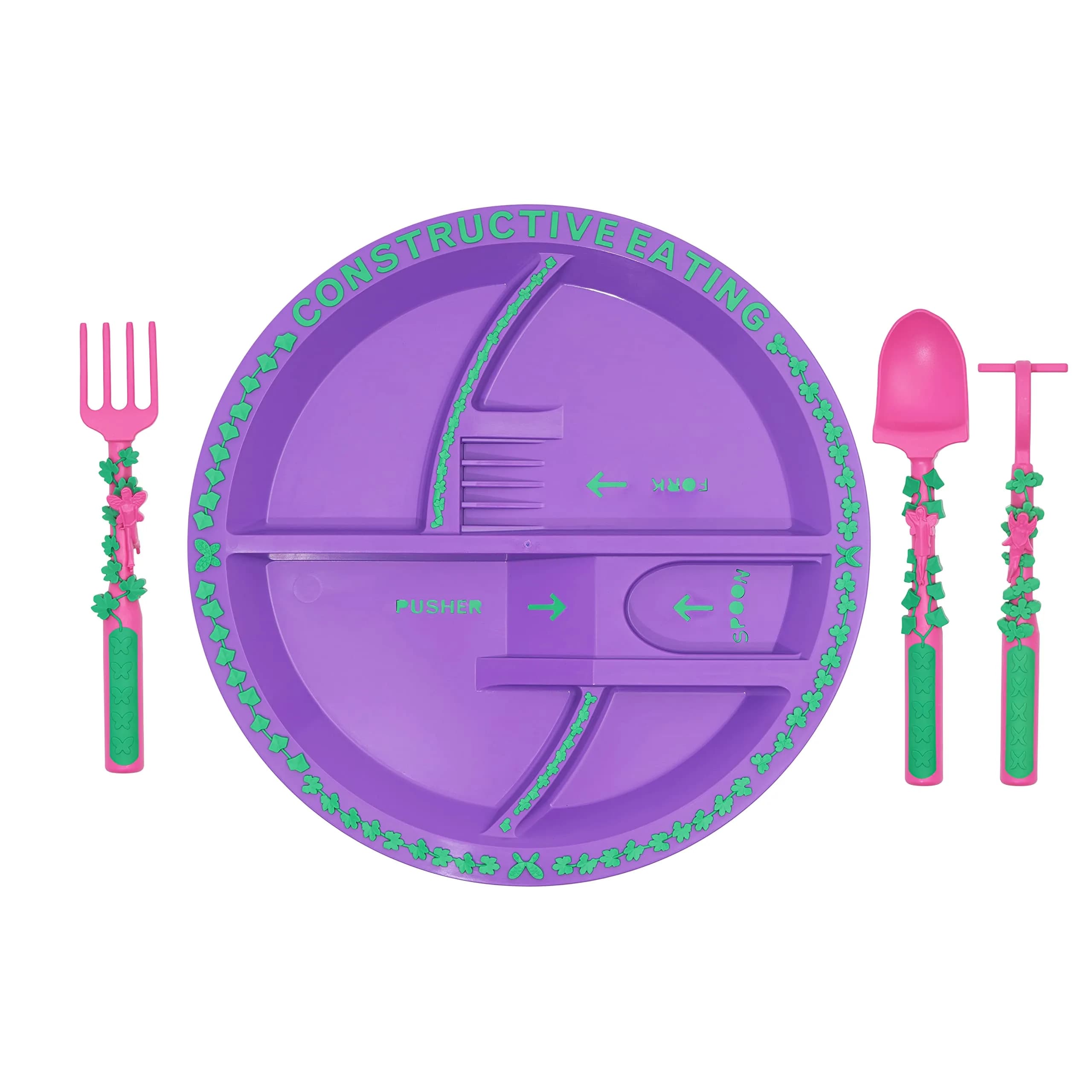 Constructive Eating Garden Fairy Toddler Plate and Utensils Set - Green, USA-Made with Divided Plates - view 2