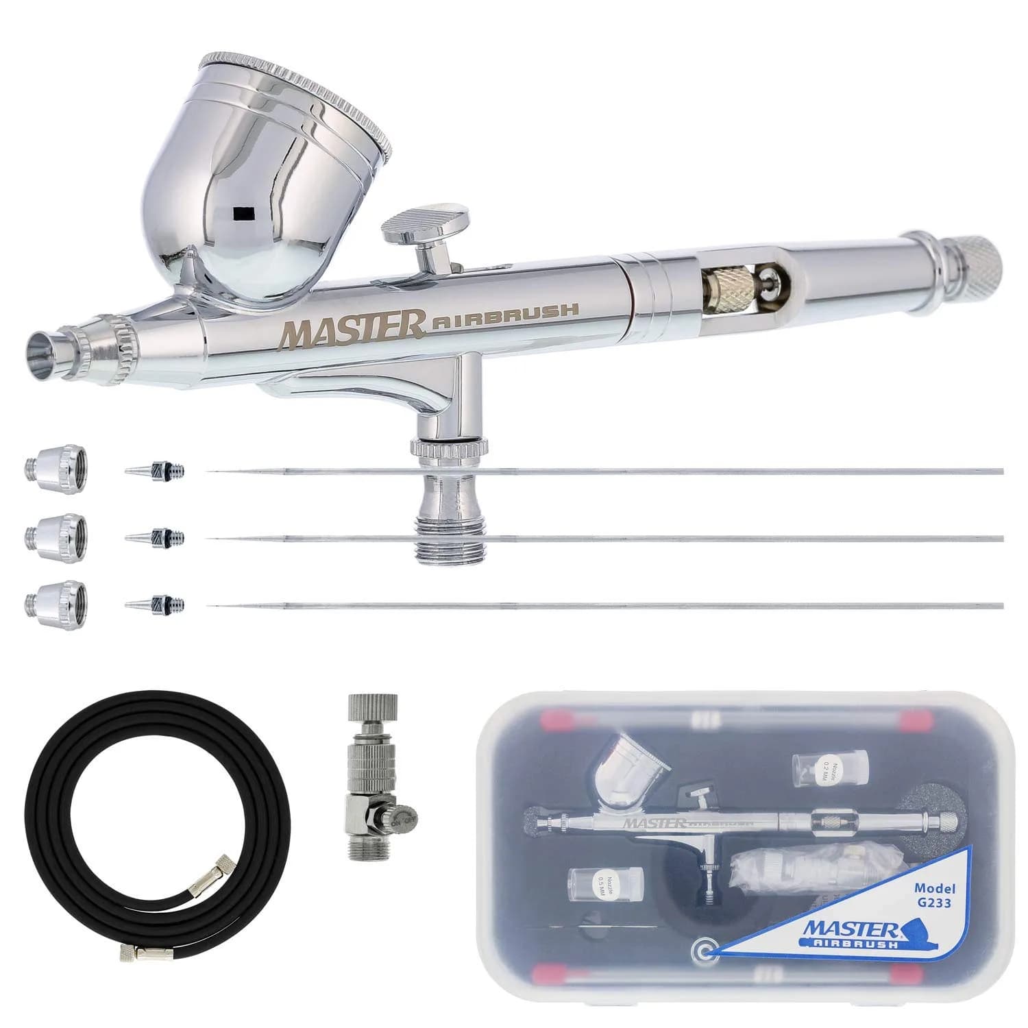 Master Airbrush G233 Performance Pro Airbrush Kit with 3 Nozzle Sets, Hose | Dual-Action Gravity Feed for Fine Detail & Broad Spray — Hose Included