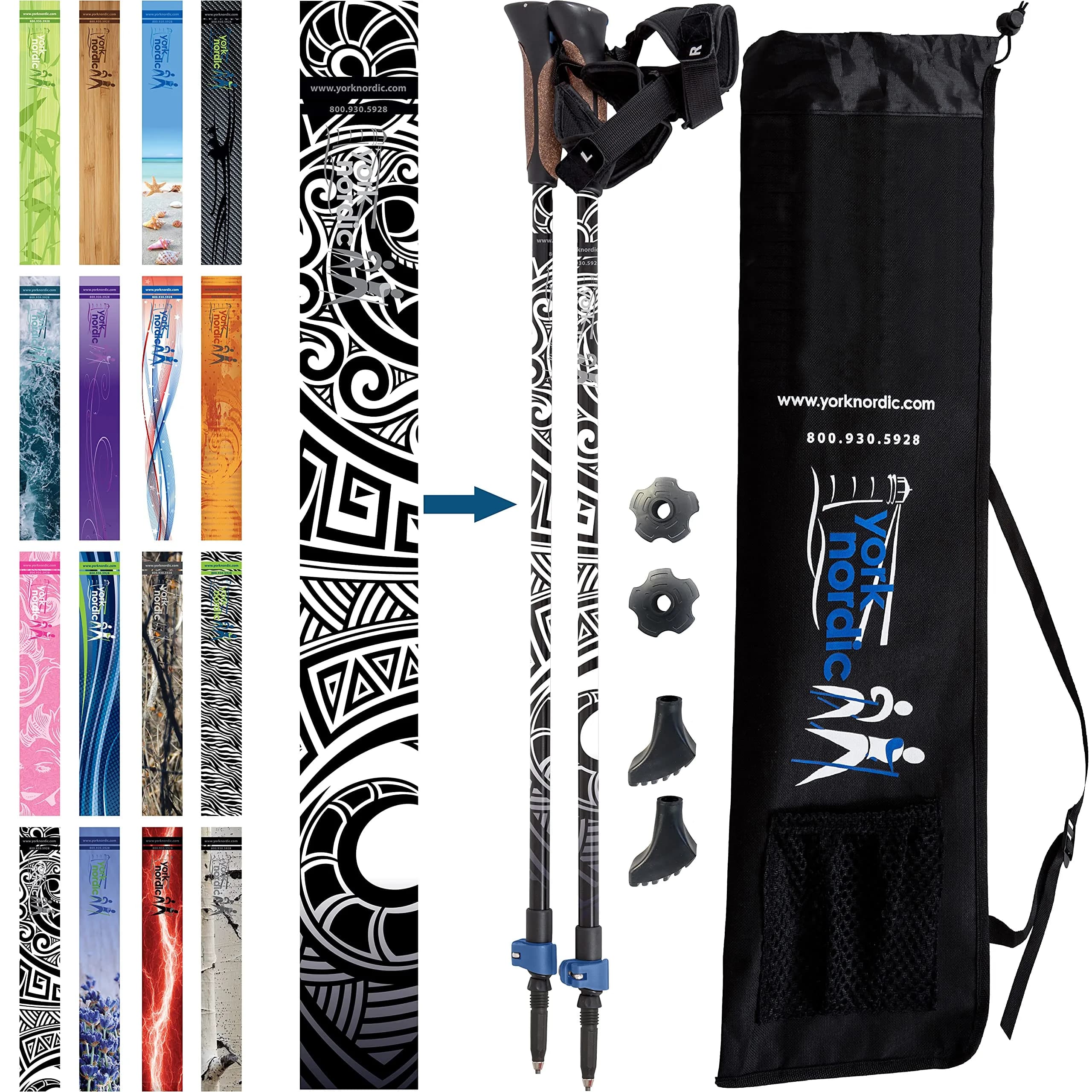 York Nordic Official Nordic Walking Poles - Adjustable, Collapsible, Lightweight, 2 Pieces, Travel Bag, Heights 5'4"-6'2"