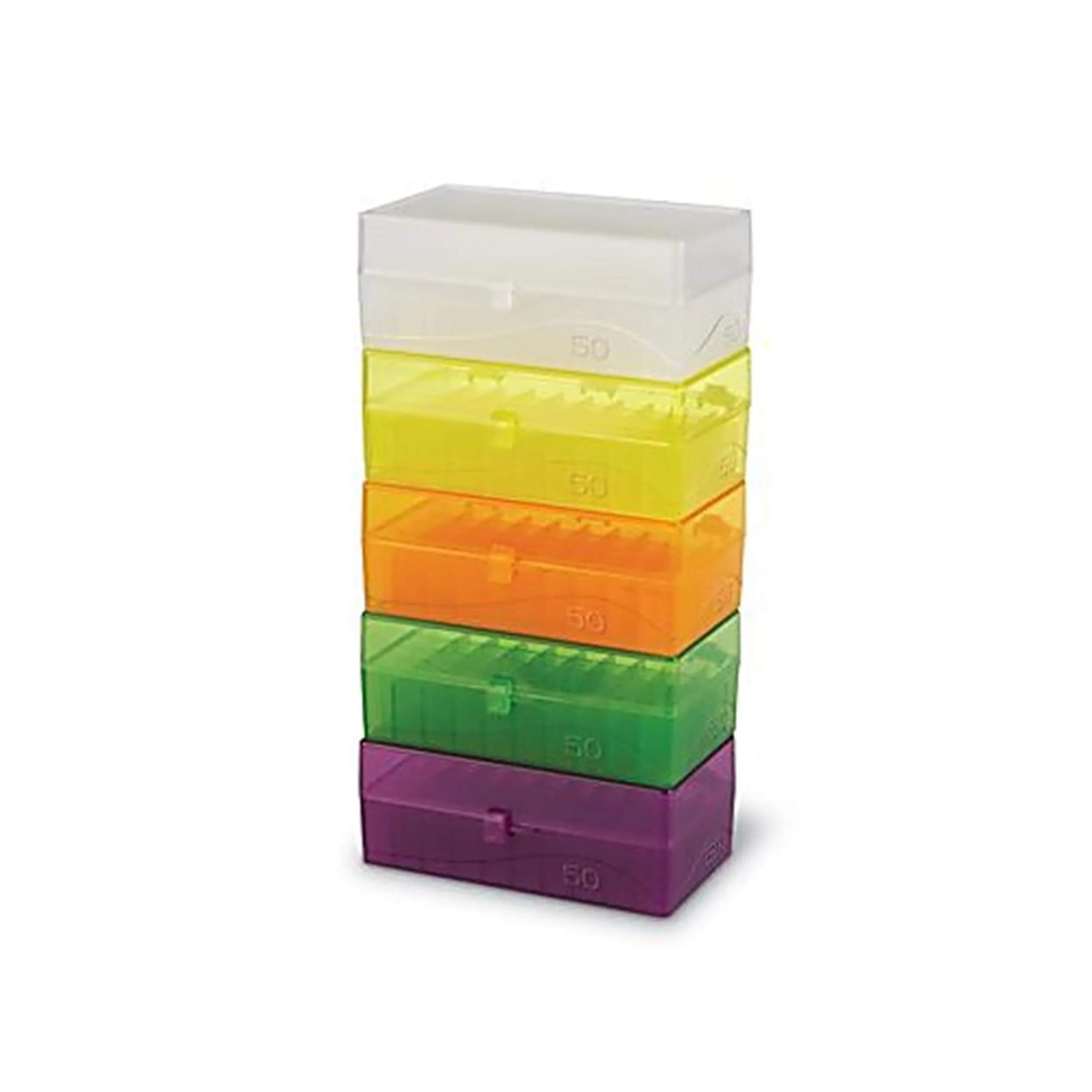 Heathrow Scientific 50 Well Microtube Storage Box with Snap Clasp | Assorted Colors, Autoclavable, Fits 1.5/2.0mL Tubes (5 Pack) — Assorted - Blue, Green, Purple, Yellow, Orange