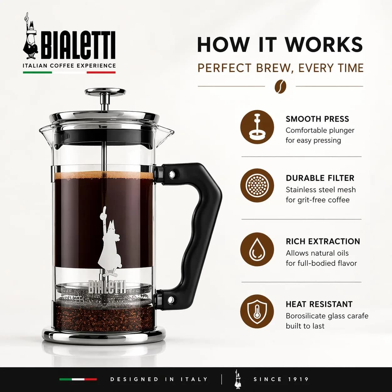 Bialetti Preziosa French Press Coffee Maker 1L (34oz) | Stainless Steel & Borosilicate Glass - view 5