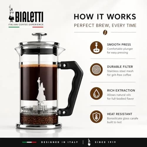 Bialetti Preziosa French Press Coffee Maker 1L (34oz) | Stainless Steel & Borosilicate Glass thumbnail 5