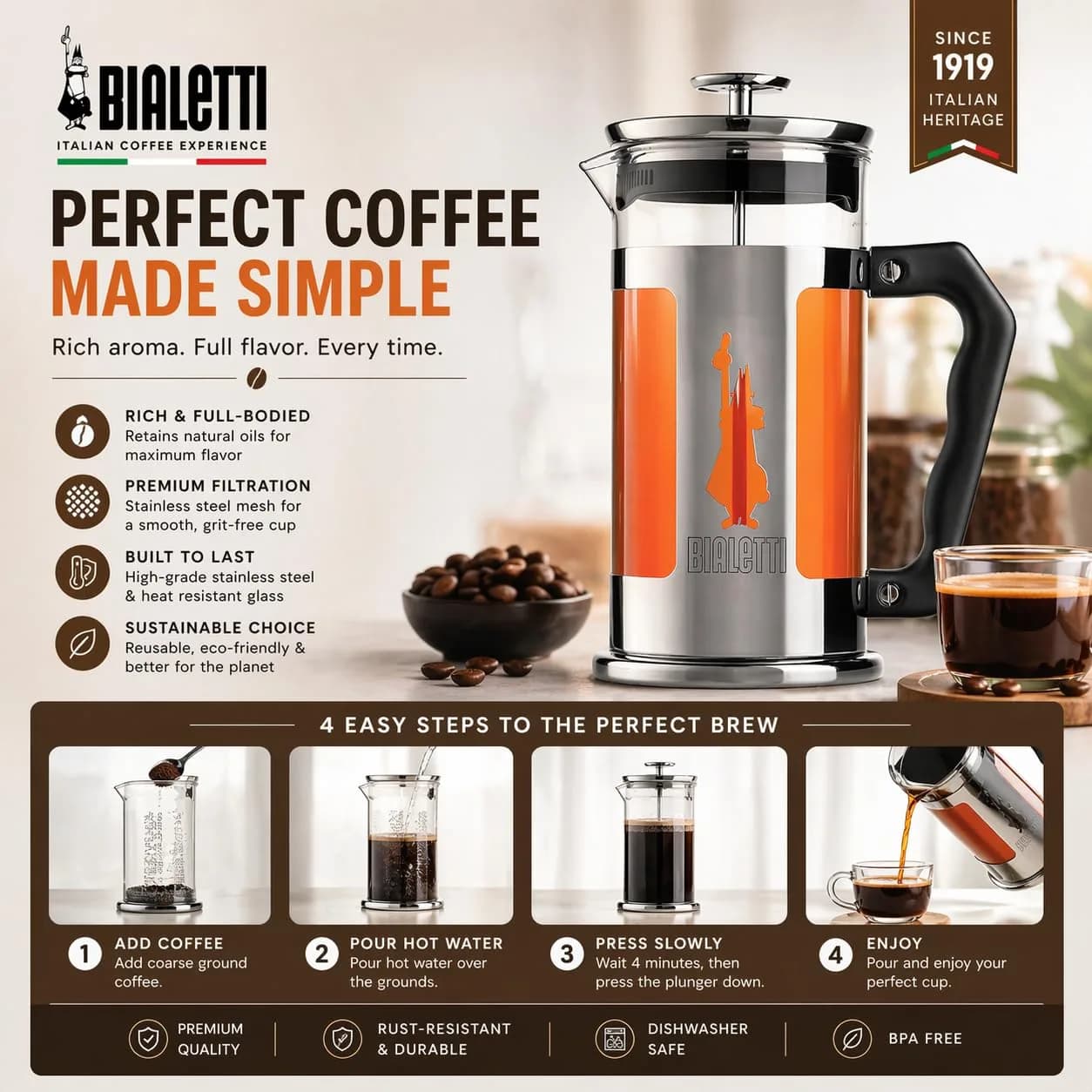 Bialetti Preziosa French Press Coffee Maker 1L (34oz) | Stainless Steel & Borosilicate Glass - view 7