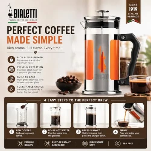 Bialetti Preziosa French Press Coffee Maker 1L (34oz) | Stainless Steel & Borosilicate Glass thumbnail 7